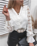 Women Lace Patchwork Hollow Out Long Sleeve Crew Neck