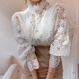 Women Lace Patchwork Hollow Out Long Sleeve Crew Neck
